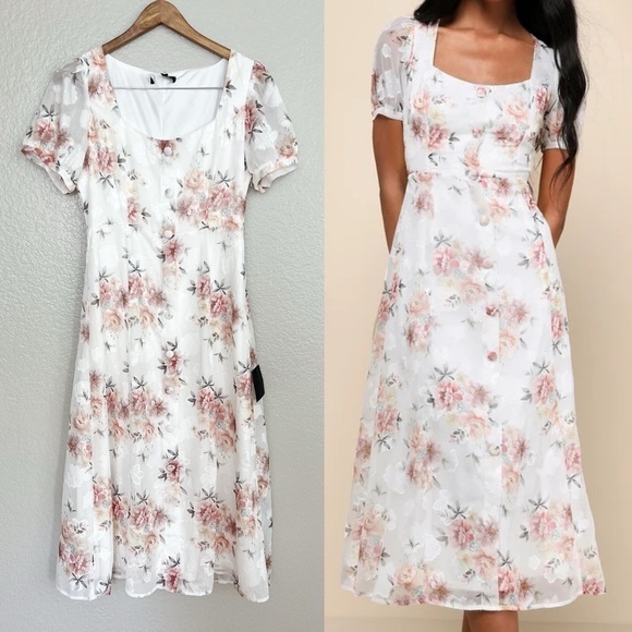 Lulus Dresses & Skirts - Moment of Beauty White Floral Print Button-Front Midi Dress